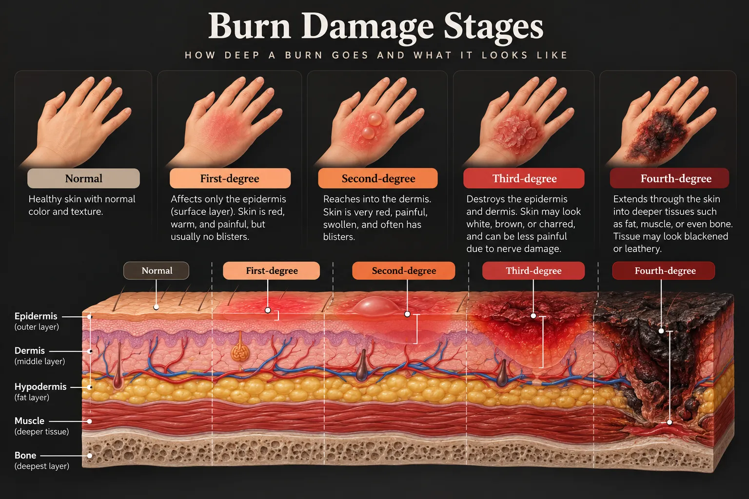 AI-generated infographic titled Burn Damage Stages. Five hands show normal skin, then first-, second-, third-, and fourth-degree burns, from light redness to blisters to charred skin. Below them, a cross section of skin shows each burn reaching deeper: first degree stays in the epidermis, second degree reaches the dermis, third degree destroys the epidermis and dermis, and fourth degree extends into fat, muscle, and bone.