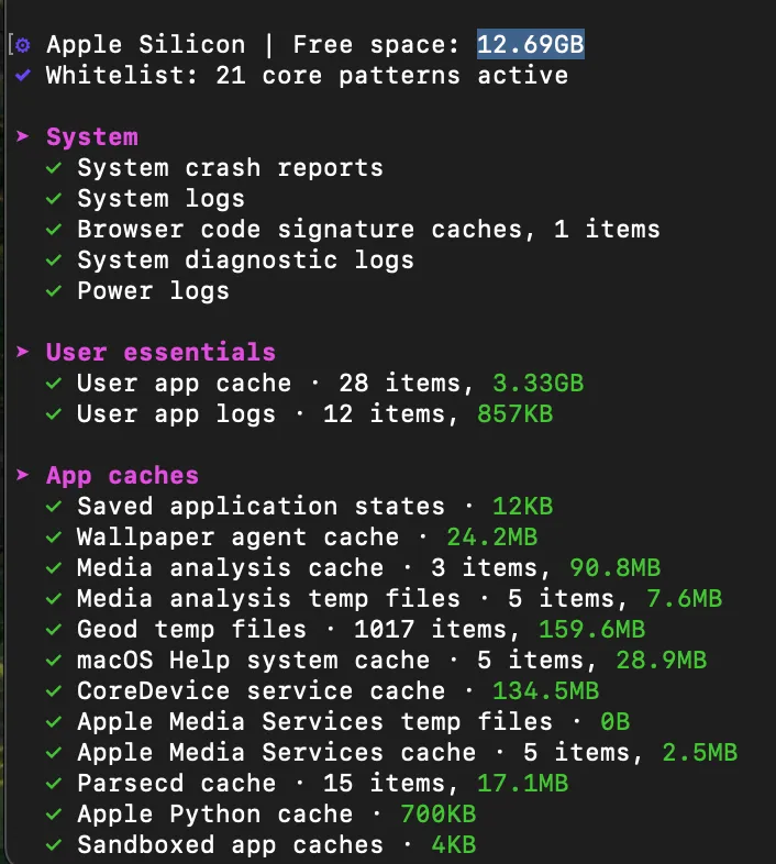 Mole's first scan on my MacBook, listing System, User essentials, and App caches categories with their sizes, and 12.69GB of free space at the top