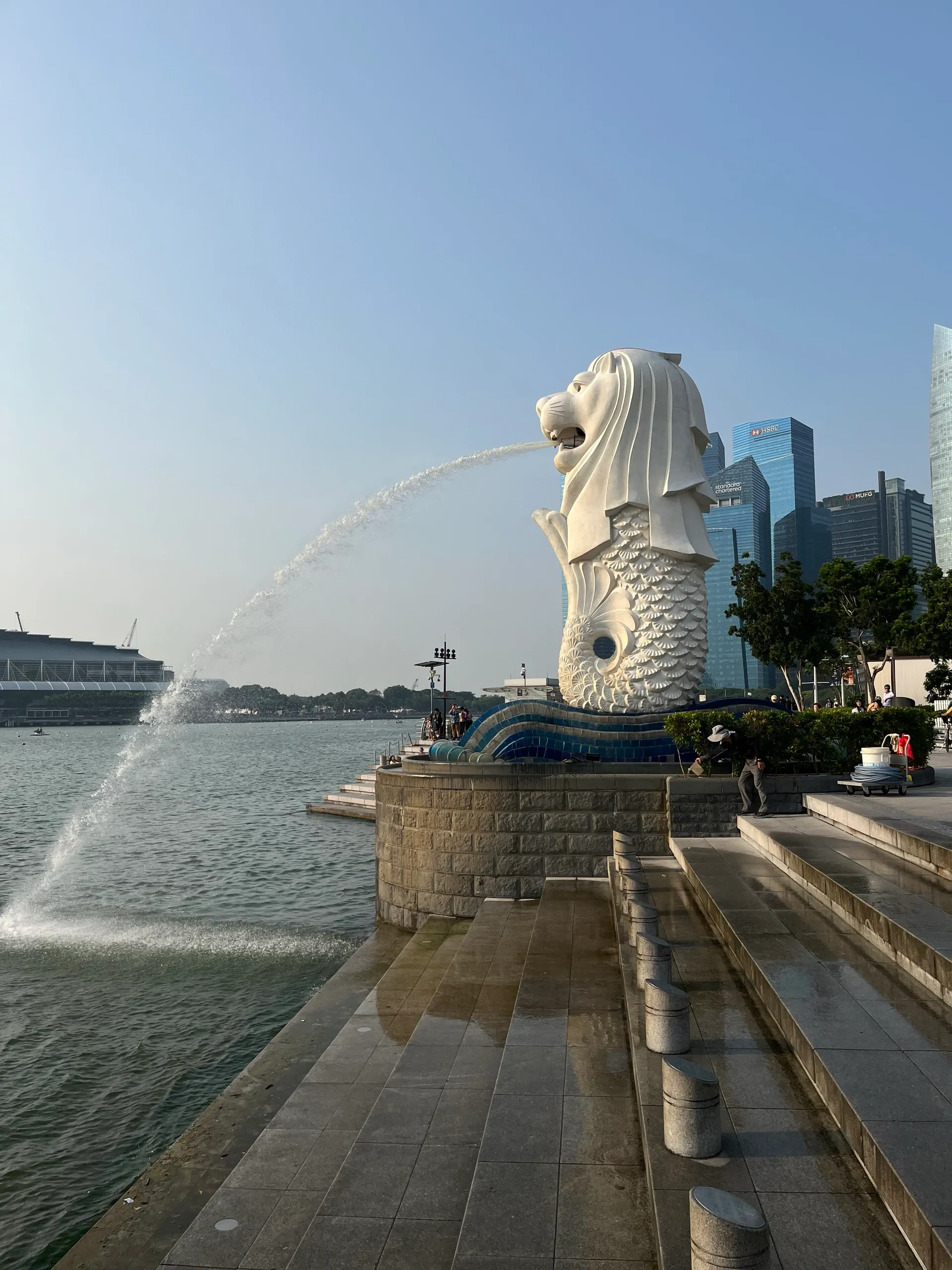 The Merlion mid-spout over Marina Bay on our last morning